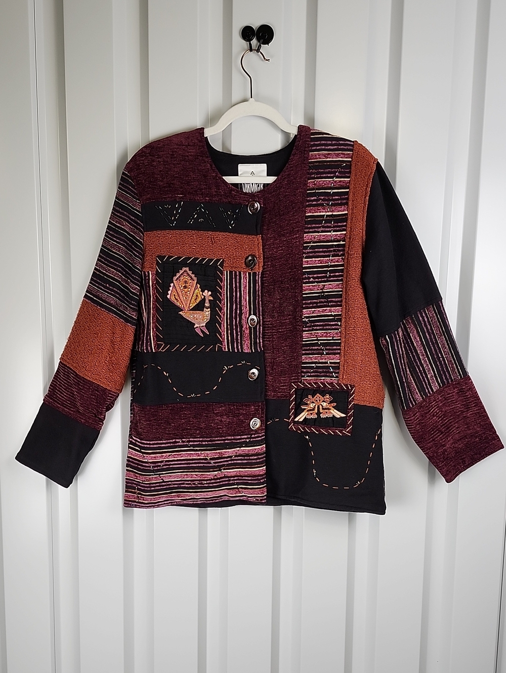 Yak Magik Artisan Boho Patchwork Button Front Jacket Burgundy Red Black Medium
